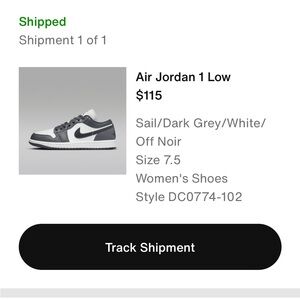 SOLD Women’s air Jordan 1s Low size 7.5 gray/white. Worn twice. Great condition